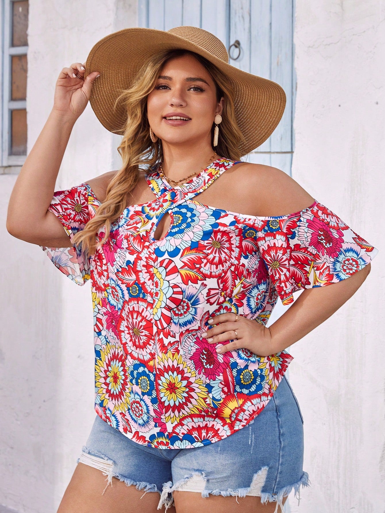 Plus Size Vacation Halterneck Floral Print Cross Front Beach Blouse For Women, Summer