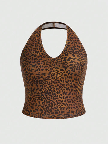 Plus Size Women's Leopard Printed Halter Neck Tank Top
