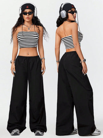 Striped Strapless Top And Wide-Leg Pants Two Piece Set