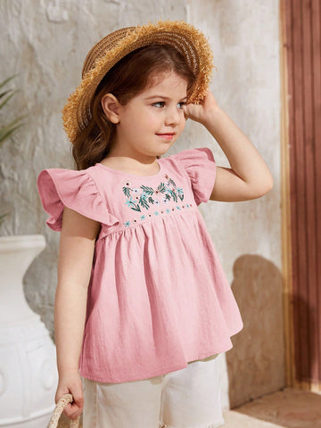 Young Girl's Round Neck Embroidered Shirt, Casual Vacation Style With Short Butterfly Sleeves And Solid Colored Design