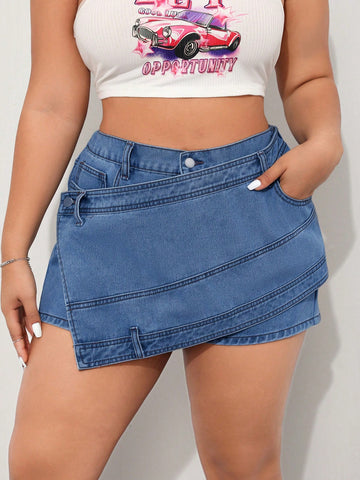 Plus Size Women's Asymmetrical Hem Casual Jeans Skirt Pants With Pockets