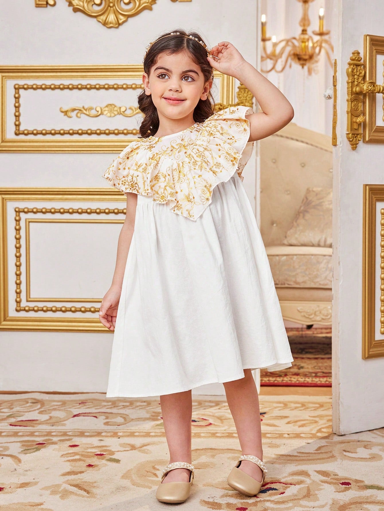 Young Girl's Lovely Embroidered Fabric Ruffle Hem Dress