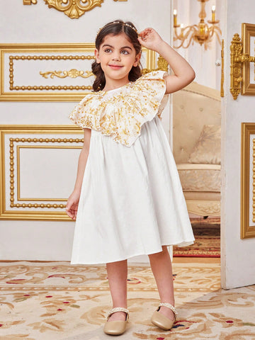 Young Girl's Lovely Embroidered Fabric Ruffle Hem Dress