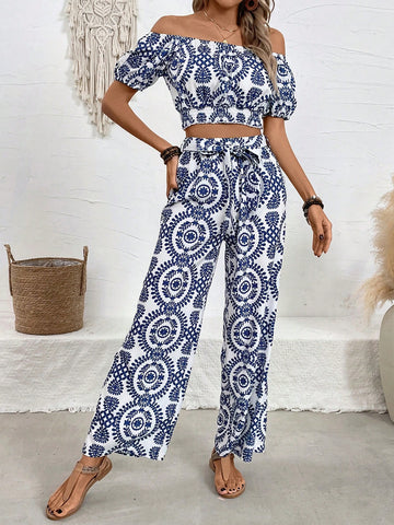 Summer Holiday Style Floral Print Off Shoulder Bubble Sleeve Top And Wide Leg Pants With Irregular Hem