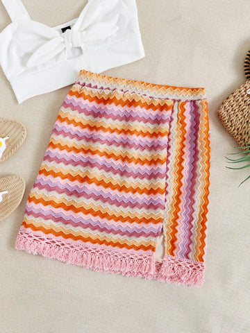 Vacation High Waist Knitted Colorful Striped Skirt With Fringe Design