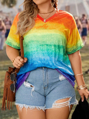 Plus Size Rainbow Ombre V-Neck T-Shirt