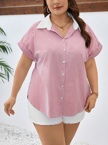 Women's Plus Size Red & White Striped Short Sleeve Minimalist Commuter Shirt For Spring And Summer