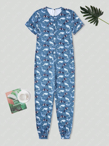 Men's Blue Simple Whale Print Short Sleeve Jumpsuit Pajama