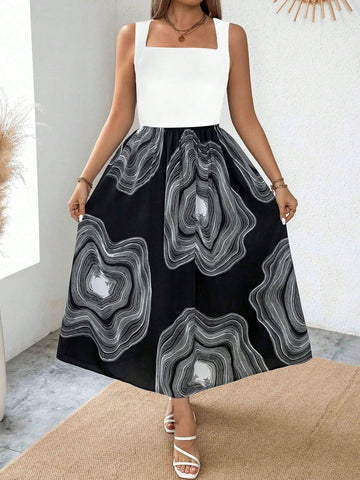 Plus Size Women's Summer Geometric Patchwork Print Square Neck Sleeveless Long Dress