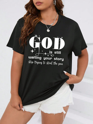 Plus Size Loose Fit Summer T-Shirt With Slogan Print