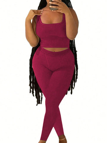 Plus Size Summer Sleeveless Square Neck Vest And Long Pants Set For Base Layers
