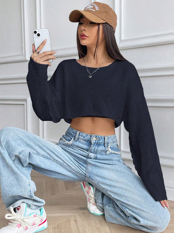 Women's Solid Color Long Sleeve Crop Top Casual Sweater