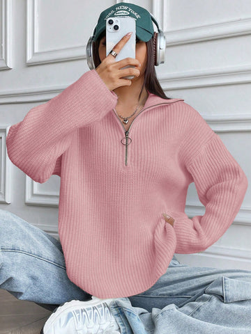 Women's Zipper Loose Fit Casual Half Button Knitted Sweater