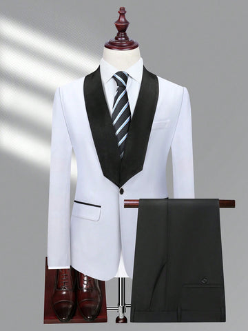 Men's Color-Blocking Shawl Collar Suit With Solid Color Pants