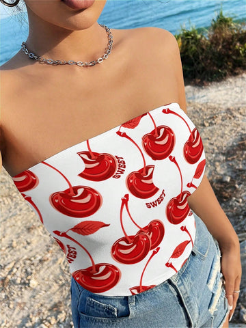 Women's Cherry & Letter Print Casual Slim Fit Tube Top, Summer