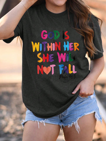 Plus Size Women's Summer Casual Short Sleeve T-Shirt With Slogan Print