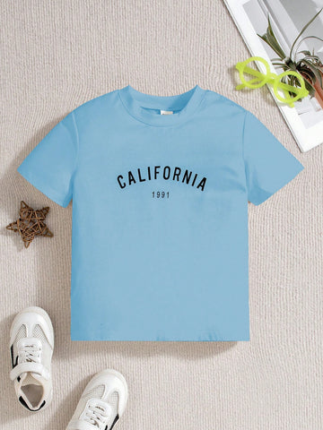 Young Boys Round Neck Casual Simple Thin Short Sleeve T-Shirt With Letter Print, Suitable For Spring And Summer, Street, School And Outdoor Play Scenes