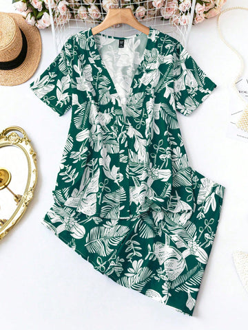 Plus Size Summer Holiday Plant Print Front-Open Shirt And Shorts Set