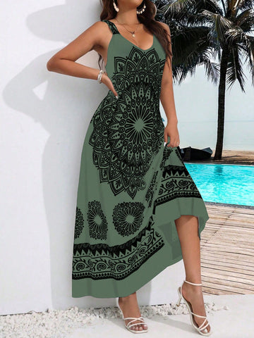 Women's Floral Print Long Cami Dress With Vacation Style