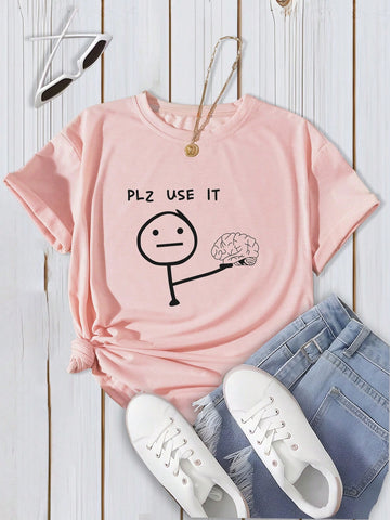 Plus Size Cartoon Letter Printed Crew Neck Short Sleeve T-Shirt With Funny Line Art Design For Summer