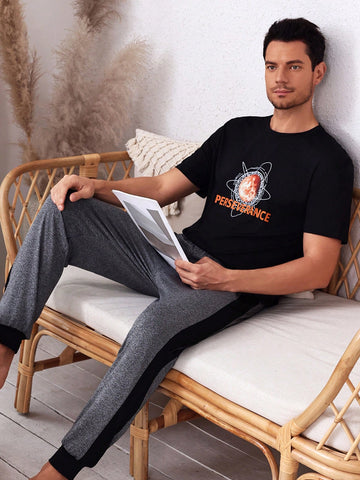 Men's Letter Printed Short Sleeve And Long Pants Home Clothing Set