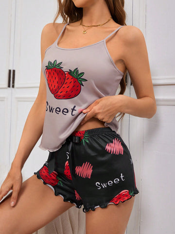 Women's Fashionable Strawberry Cami And Shorts Pajama Set