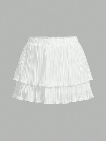 Women's Elegant Pleated Fabric Double-Layer Cake White Mini Skirt Is Suitable For Graduation Season, Dating, Vacation, Commuting, And Versatile For Daily Use