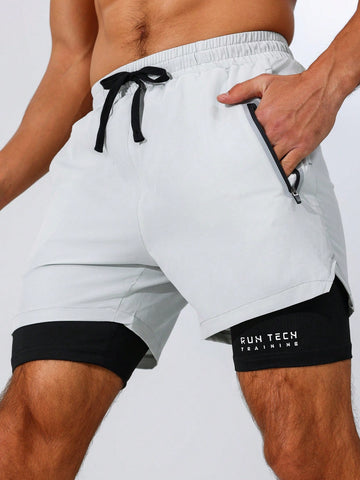 Men's Letter Print Drawstring Waist Zipper Pockets Athletic Shorts