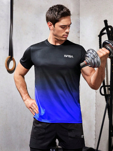 Men's Summer Gradient Color Letter Printed Round Neck Short Sleeve Casual Sports T-Shirt Workout Tops