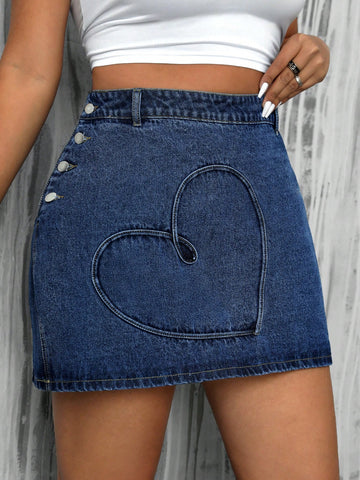 Plus Size Summer Washed Blue Denim Skirt With Love Heart Embroidery, Button And Side Slit Details