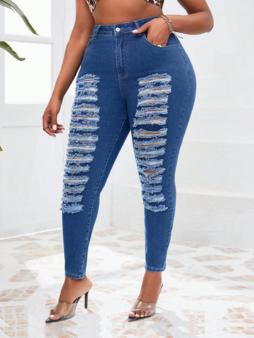 Plus Size Distressed Slim Fit Jeans