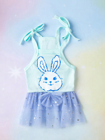 Easter Bunny Printed Blue/Purple Star Mesh Tutu Dress With Spaghetti Straps For Girls