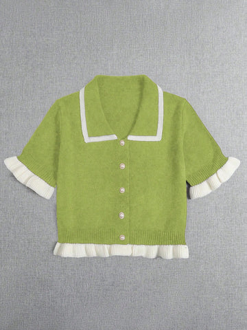 Plus Size Colorblock Texture Short Sleeve Cardigan With Ruffled Hemline
