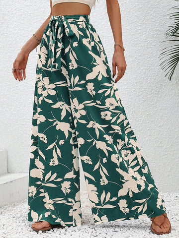 Women's Floral Print Wide Leg Pants, Holiday Style Beach