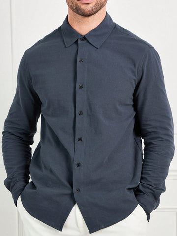 Men's Fitted Navy Long Sleeve Casual Shirt