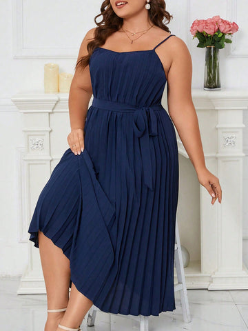 Plus Size Pleated Dress,Wedding Women's Dress Solid Color Pleated Suspender Long Dress (With Belt)