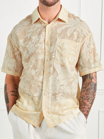 Men's Khaki Casual Floral Henley Collar Short-Sleeved T-Shirt