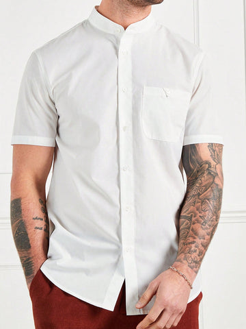 Men's Casual White Fitted Stand-Collar Short-Sleeved Shirt