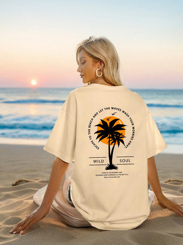 Casual & Simple Slogan & Palm Tree Pattern Loose Fit Short Sleeve Women's T-Shirt Suitable For Summer