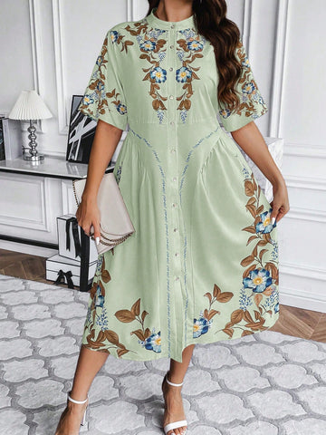 Plus Size Holiday Themed Printed Stand Collar Front Button Dress