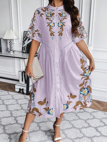 Plus Size Vacation Location Printed Standing Collar Front Button Dress