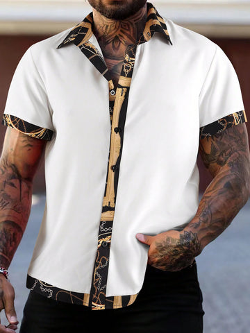 Men'S Patchwork Chain Print Short Sleeve Shirt