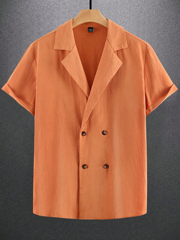 Men's Double Breasted Short Sleeve Orange Shirt