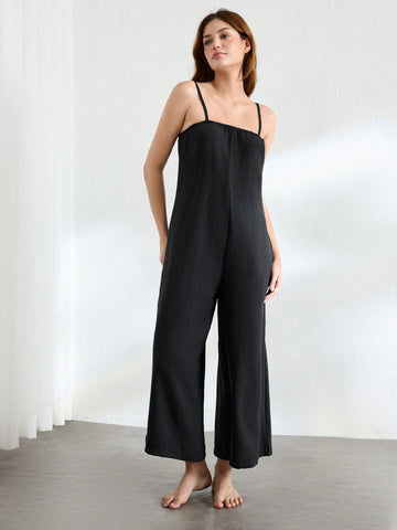 Women's Solid Color Loose Fit Spaghetti Strap Wide Leg Jumpsuit For Home