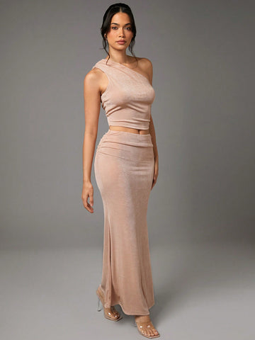 Summer Flesh-Colored One-Shoulder Gathered Pleated Tight Stretch Women's Top And Long Skirt Women's Skirt Two-Piece Set