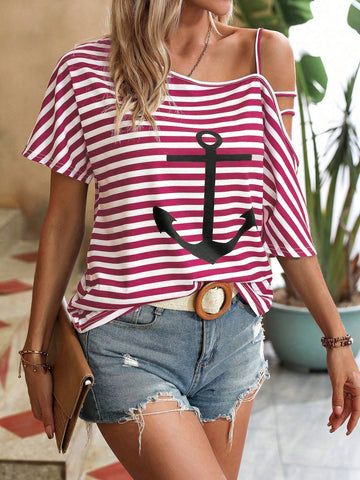 Striped Anchor Print Asymmetric Collar T-Shirt For Summer
