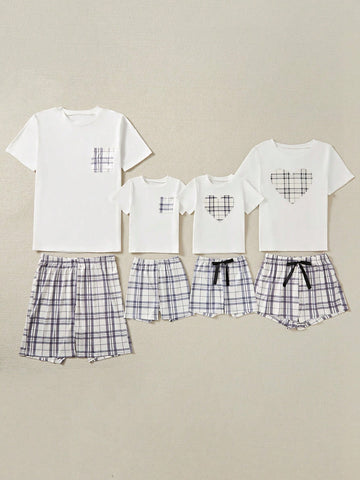 Men's Round Neck Short-Sleeved Shirt And Plaid Shorts Casual Two-Piece Set For Home Wear, Summer