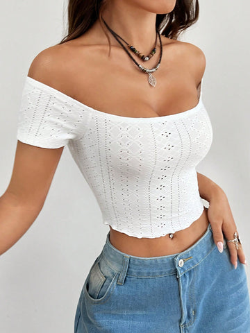 White Knitted Women's Off-Shoulder Tight And Semi-Transparent T-Shirt