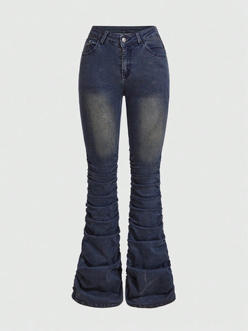 Y2k American Retro Vintage Style Cropped Flared Jeans With Pleated & Washed Effect Design And Low Waist
