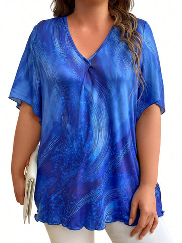 Plus Size Women's Loose Marble Print Vintage Short Sleeve V-Neck Casual T-Shirt